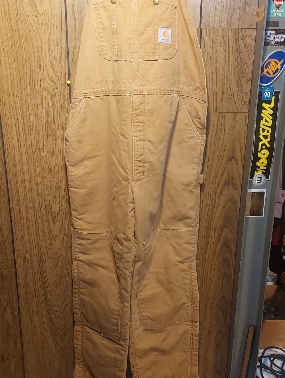 Carhartt Tan Duck Canvas Bib Overalls Double Knee 42x32 Y2k Vintage Quilt Lined